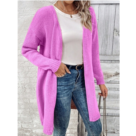 Hot Pink Open Cardigan Long Sleeve Hip Length - Picture 2 of 7